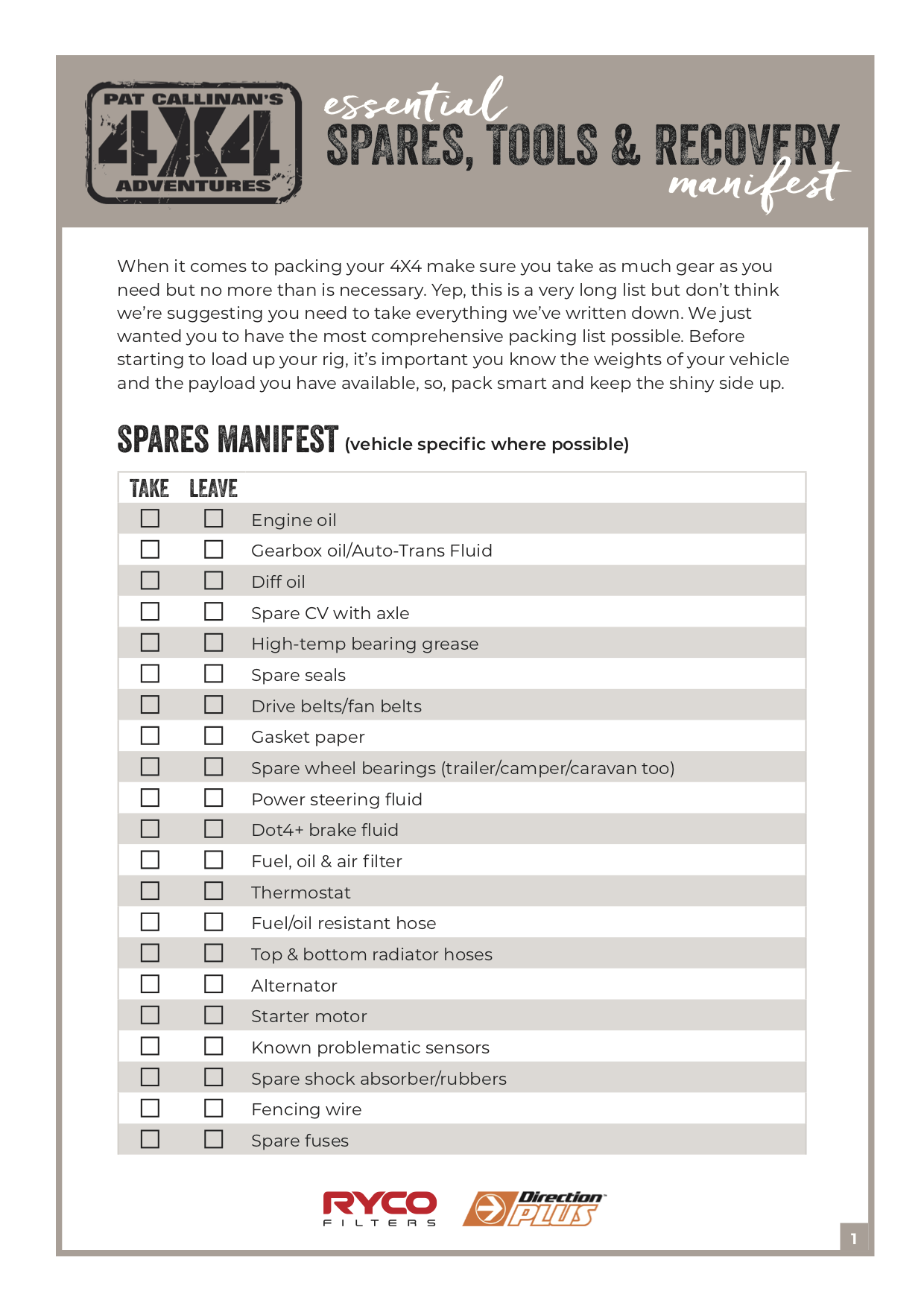 Pc4x4 Essential Spares Tools Recovery Manifest Pat Callinan's 4X4