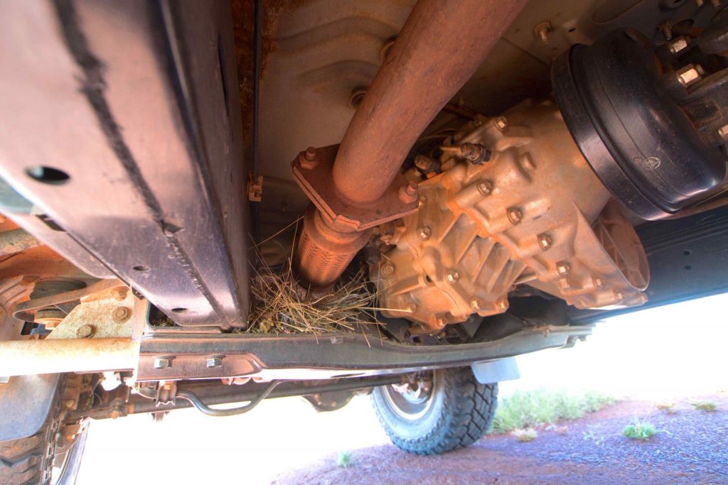 THIS NISSAN GU PATROL UNDERBODY AFTER DRIVING SOME VERY REMOTE AND OVERGROWN EAGLE AND GARY HIGHWAYS. YOU CAN SEE HOW THINGS CAN POTENTIALLY GET TOASTY. EVEN THOUGH THERE'S NO DPF FIRE IS STILL A BIG POTENTIAL